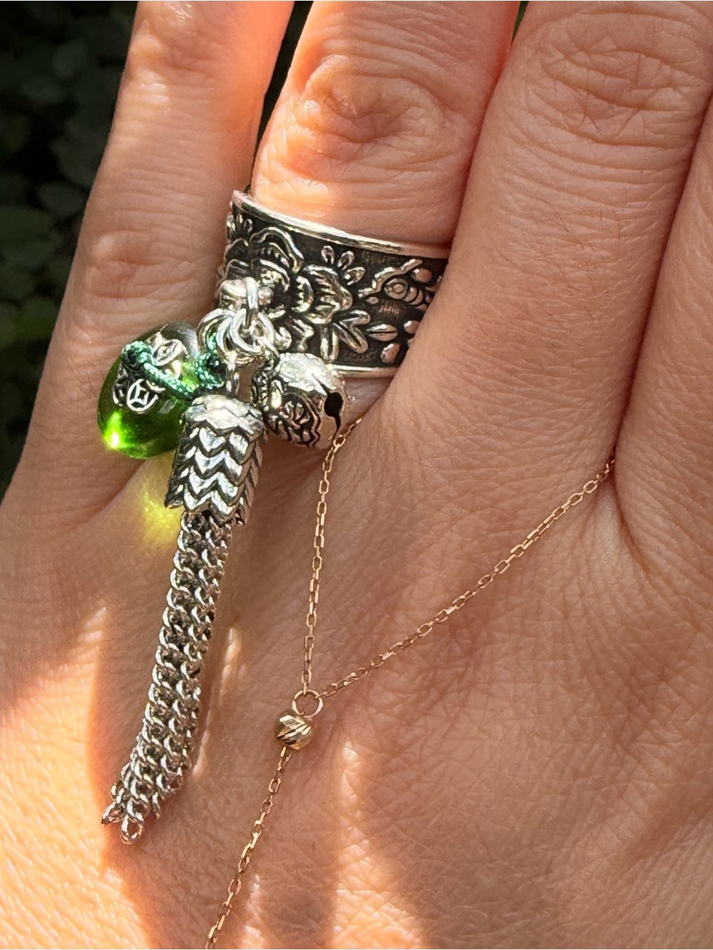 Green Stone Tassel Charm Silver Ring - Picture 6 of 15